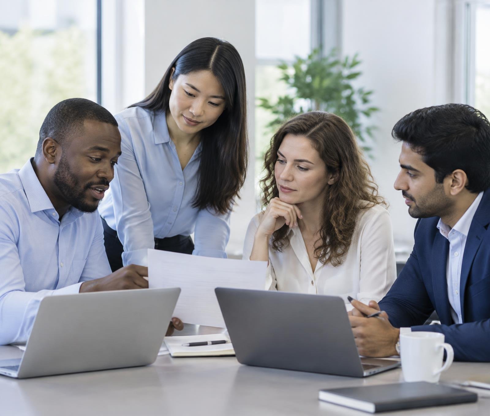 International professionals collaborating on multilingual business projects